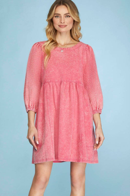 PINK  3/4 SLEEVES WASH TWILL BABYDOLL MINI DRESS S16SY617: PINK / Contemporary / L