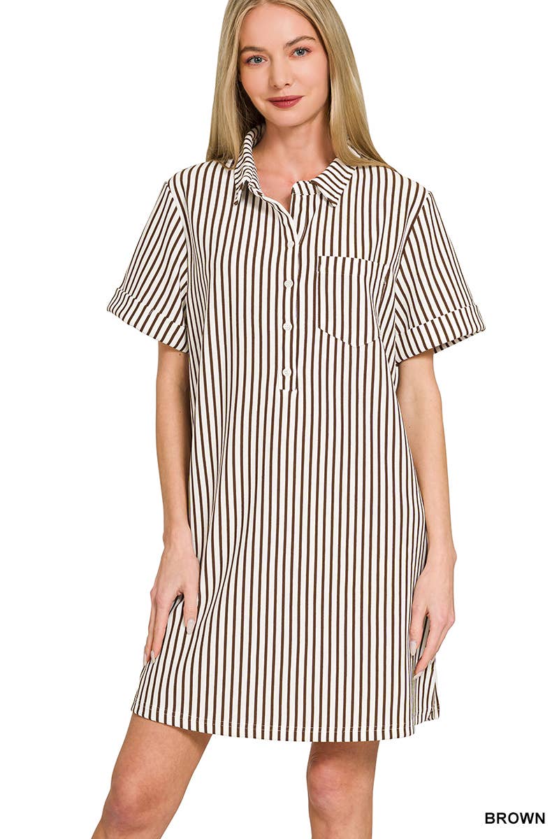 0210 Stripe Collared Half Button Up T-Shirt Dress SI-29476