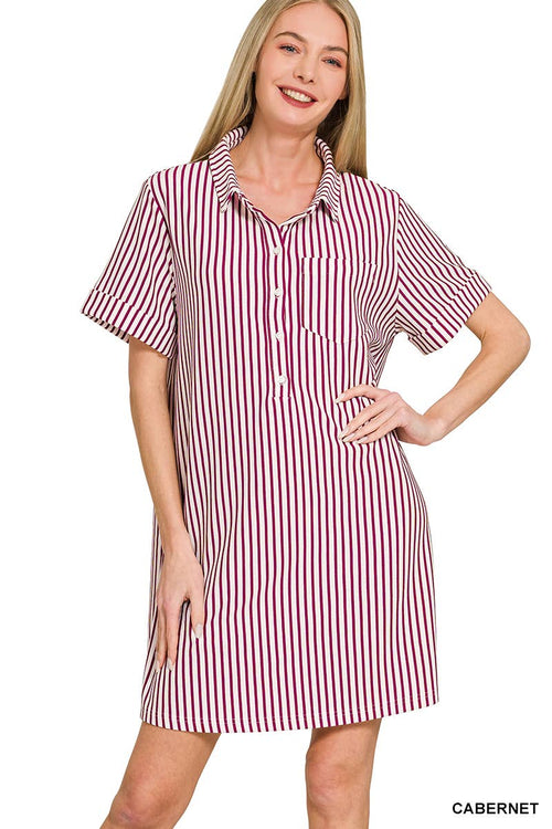 0210 Stripe Collared Half Button Up T-Shirt Dress SI-29476