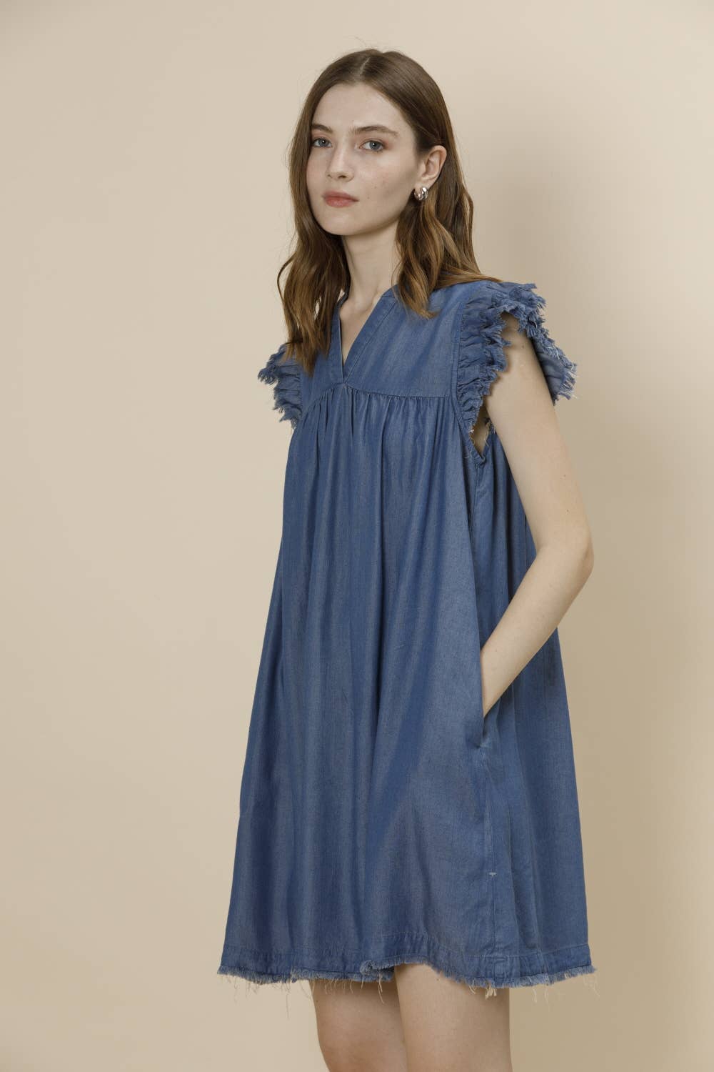 Frayed Sleeve Tencel Denim Mini Dress