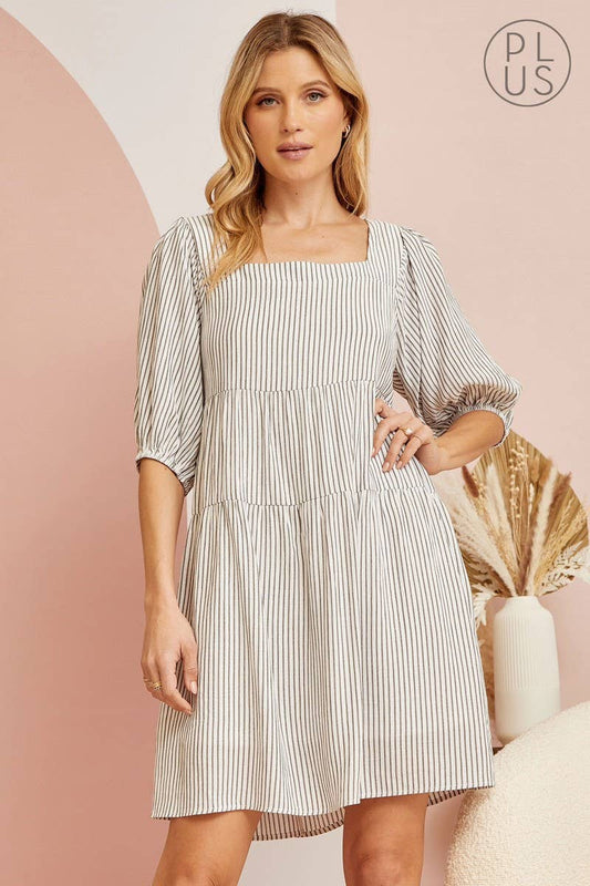 PLUS Woven Striped Babydoll Dress PD10553: BLACK / 1X