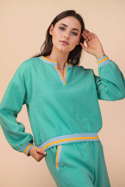 NT12382SET-Color Block Band Detail Comfy Knit Top & Pants Set