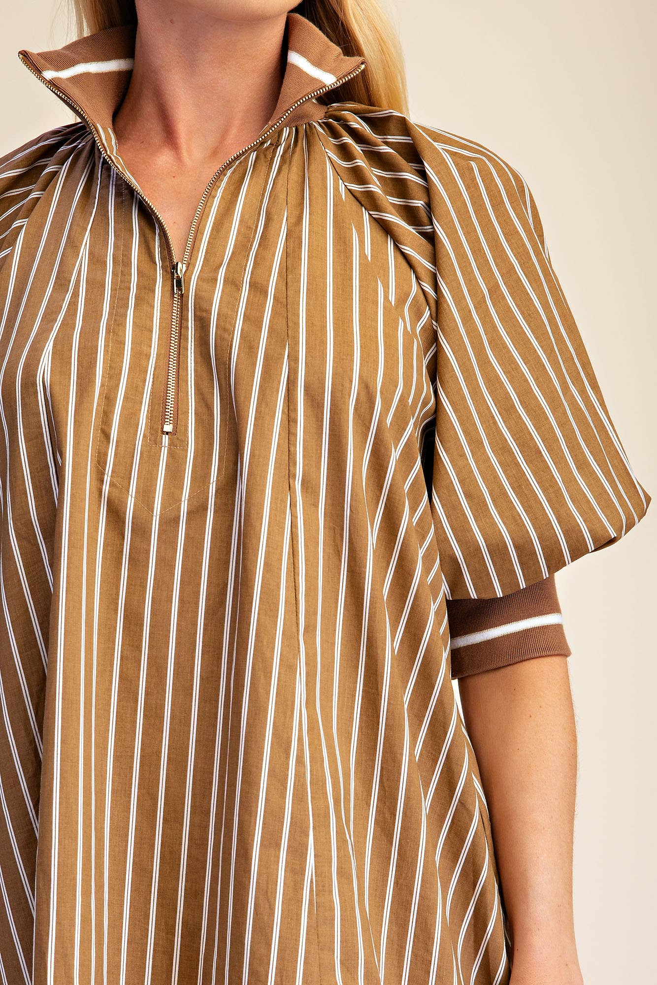 Mock Neck Band Half Zip Stripe Mini Dress