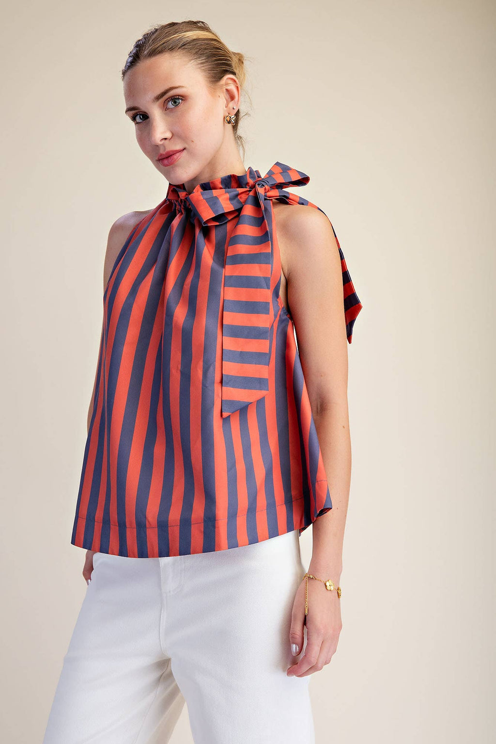 Ruffle Neck Tie Sleeveless Stripe Top