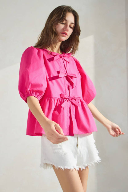 Solid Cotton Poplin Front Tie Ribbon Blouse: Burgundy / L