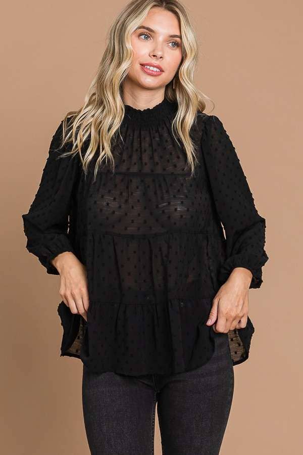 CWT1887Q - SMOCK NECK TIERED 3/4 SLEEVE TOP