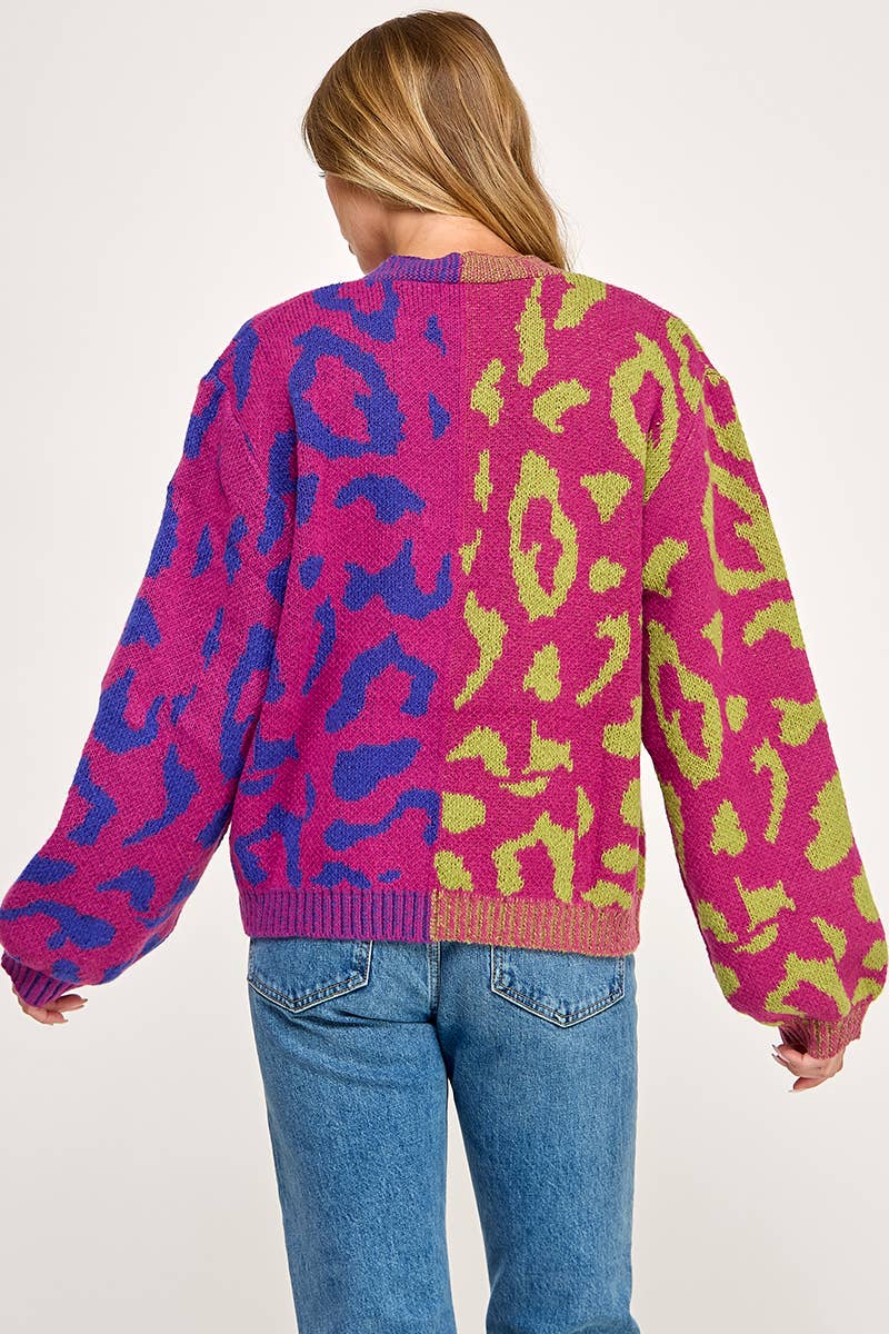 IJ1101 - LEOPARD COLOR BLOCK BUTTON DOWN SWEATER CARDIGAN