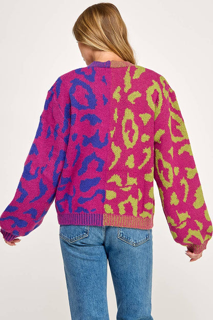 IJ1101 - LEOPARD COLOR BLOCK BUTTON DOWN SWEATER CARDIGAN