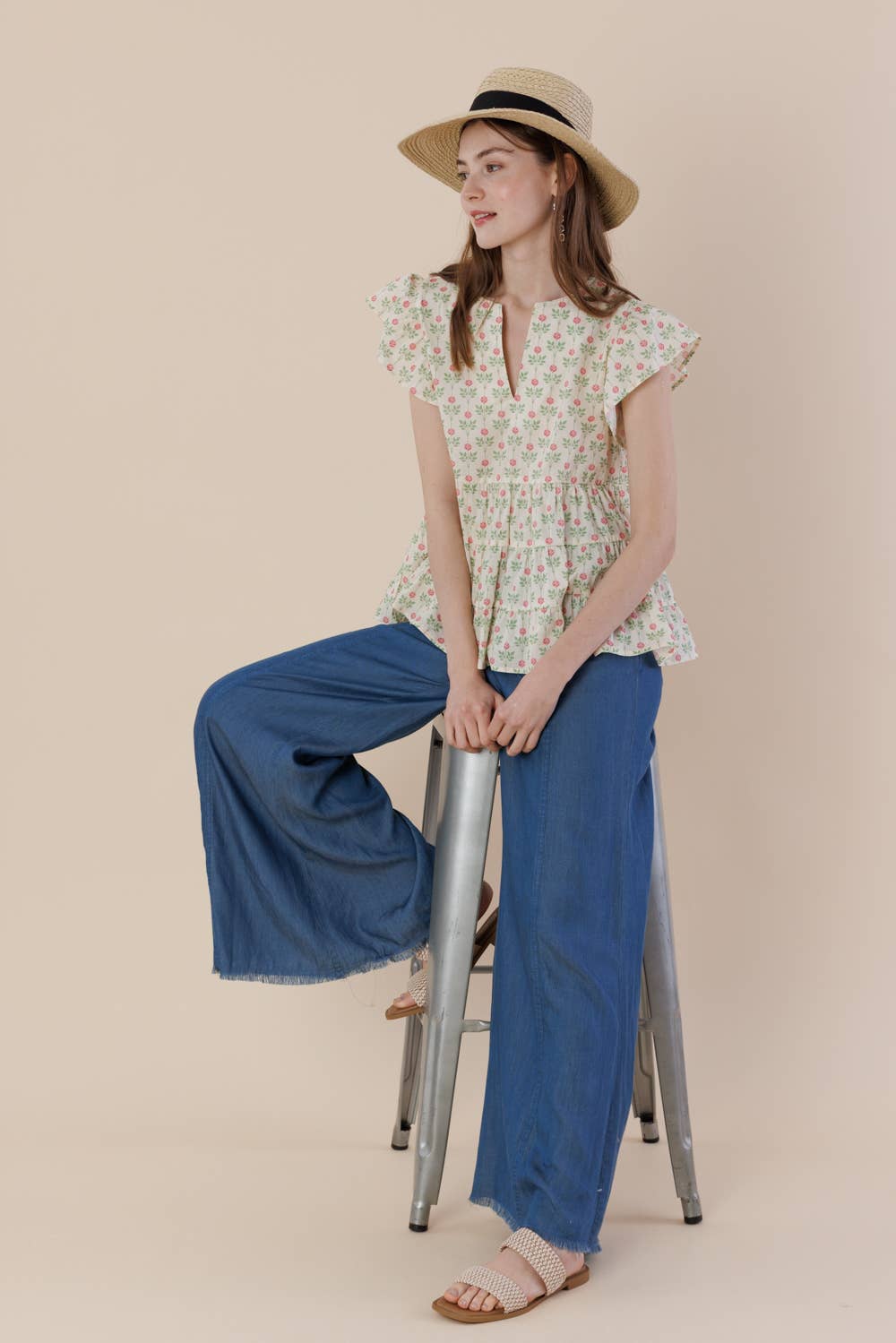 Floral Flutter Sleeve Tiered Blouse with Split Neck