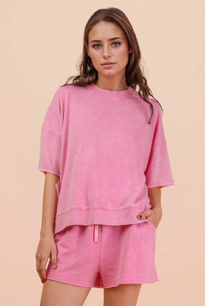 NT12429SETX-PLUS SIZE Mineral Washed Knit Casual Top & Shorts