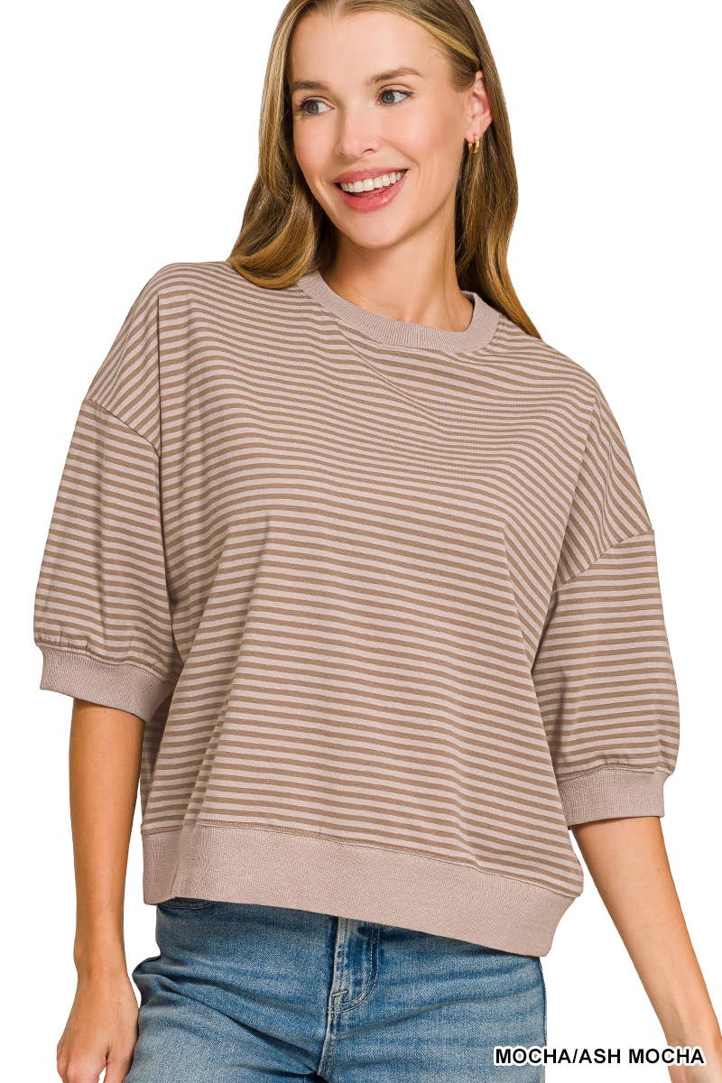 Striped Contrast Trim Banded Bottom Top - Zenana