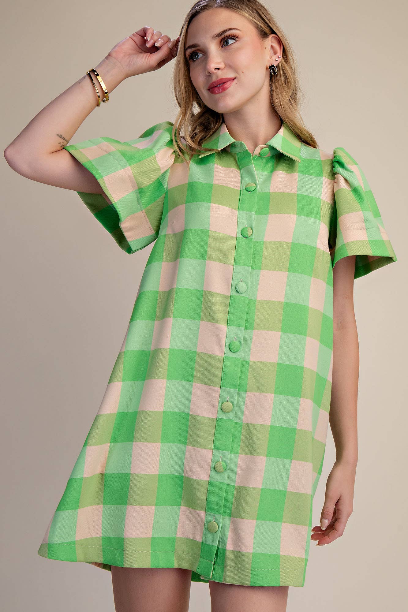 Checkered Mini Dress With Collar Neck Covered Button Down
