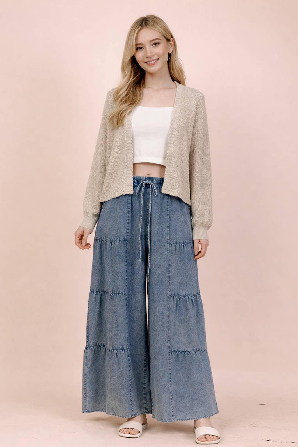 NP70989-Tiered Layers Mineral Washed Chambray Pants