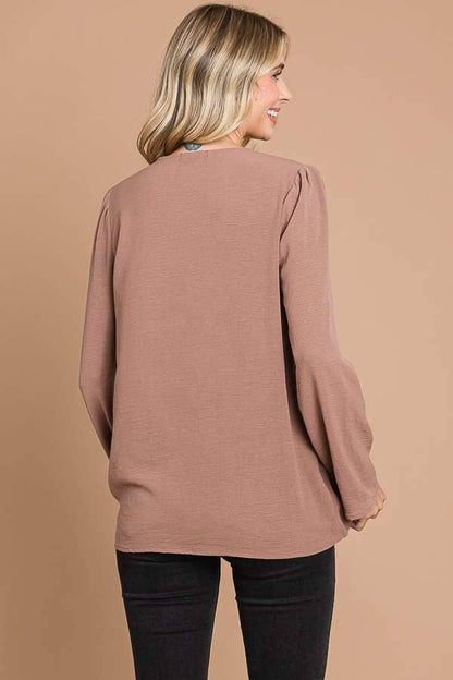 CWT1862L - RUCHING YOKE DETAIL BELL SLEEVE TOP