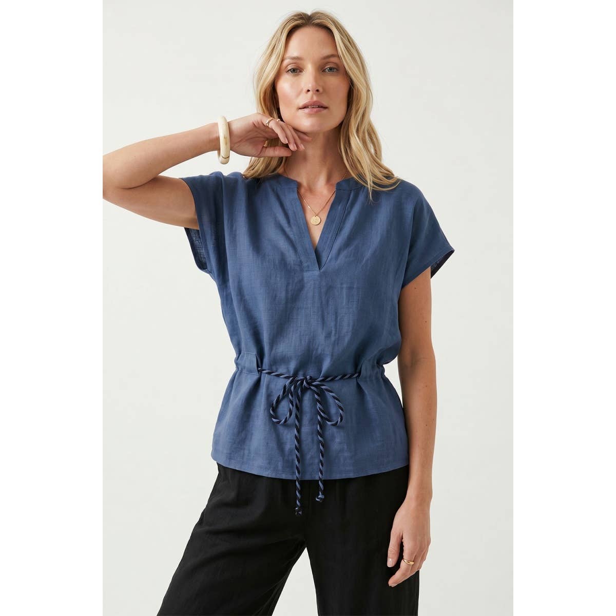 Linen Rope Tie Waist Blouse