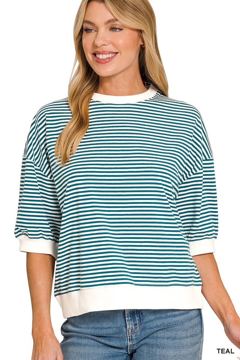 Striped Contrast Trim Banded Bottom Top - Zenana