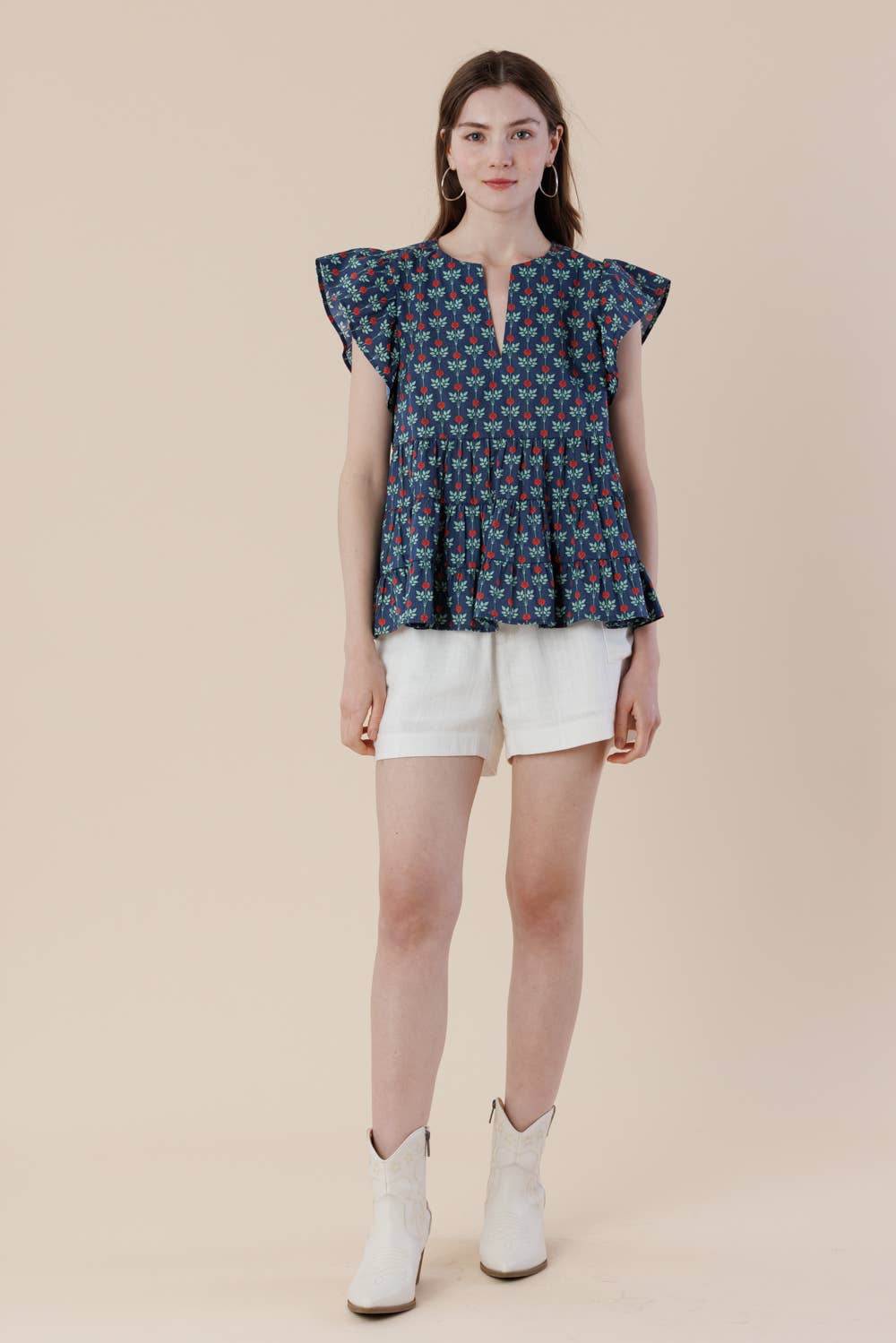 Floral Flutter Sleeve Tiered Blouse with Split Neck