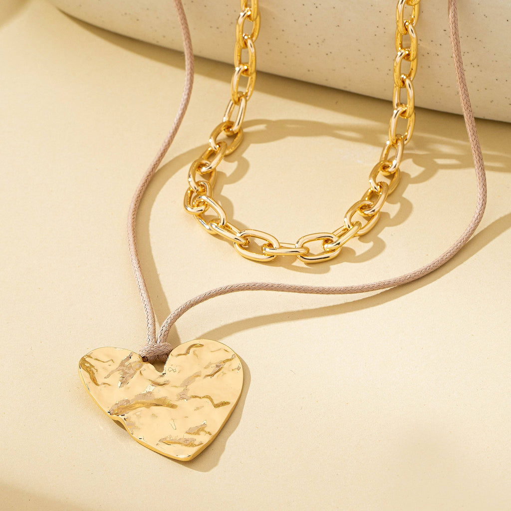 Hammered Heart Layered Cord Landyard Necklace | 80N93001