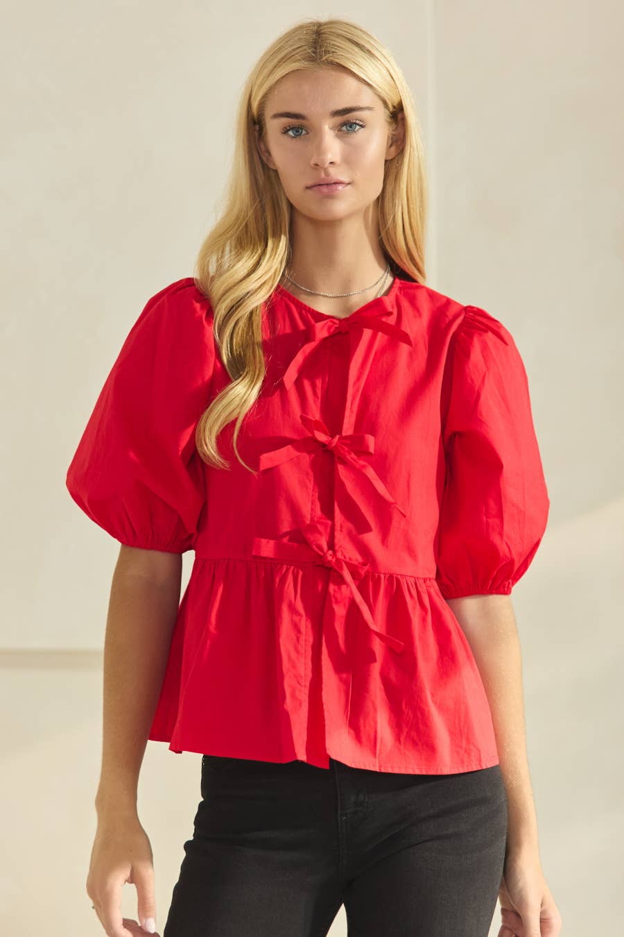 Solid Cotton Poplin Front Tie Ribbon Blouse: Burgundy / L