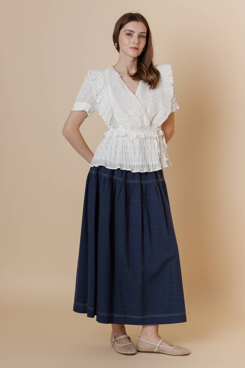 Textured Cotton Surpliced Puff Short Sleeve Ruffle Top