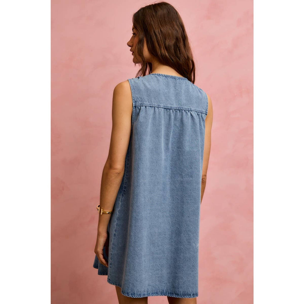DENIM RUCHED SLEEVELESS DRESS