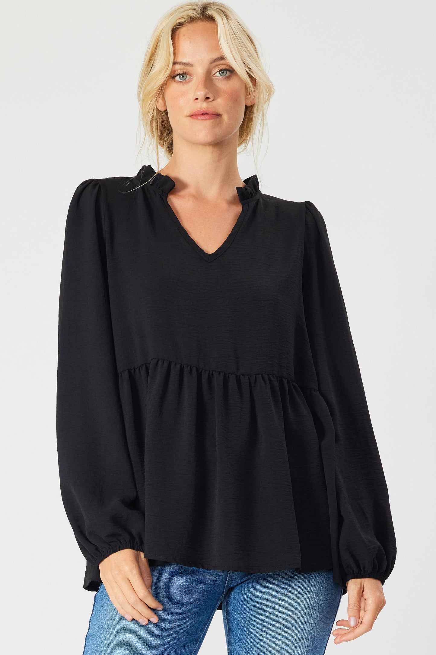 ST3073-A - SOLID LONG SLEEVE PEPLUM  TOP WITH RUFFLE COLLAR