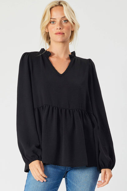 ST3073-A - SOLID LONG SLEEVE PEPLUM  TOP WITH RUFFLE COLLAR