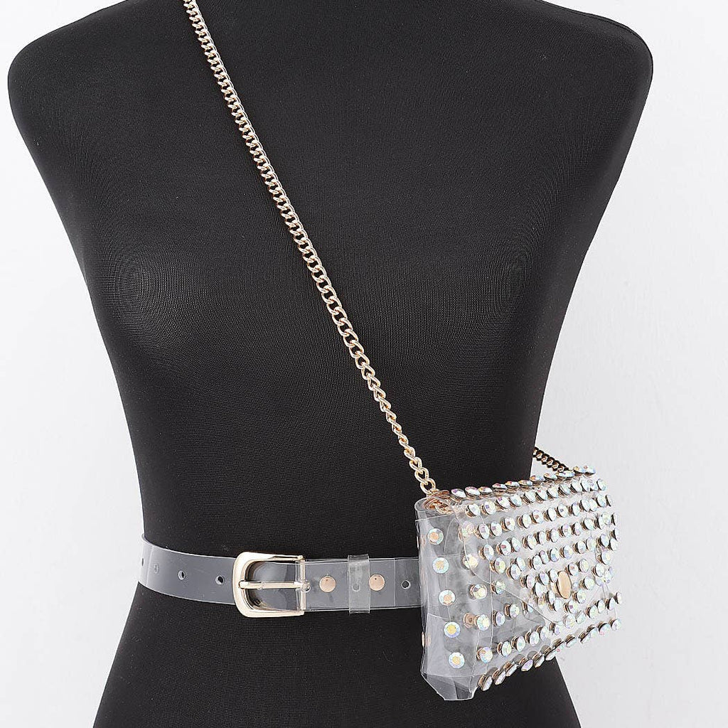 Rhinestone Clear Belt Bag W/Chain PB8633