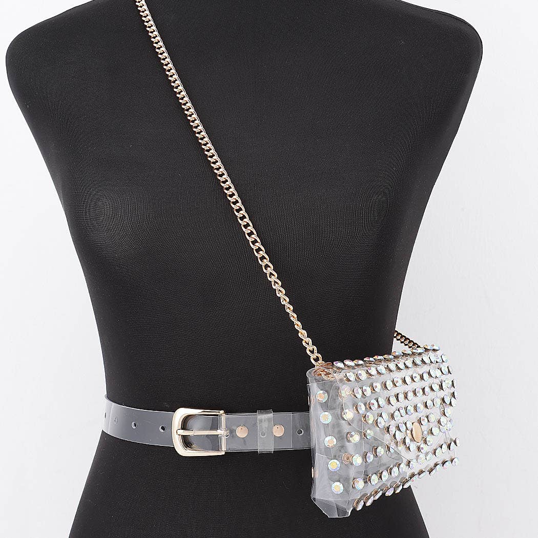 Rhinestone Clear Belt Bag W/Chain PB8633