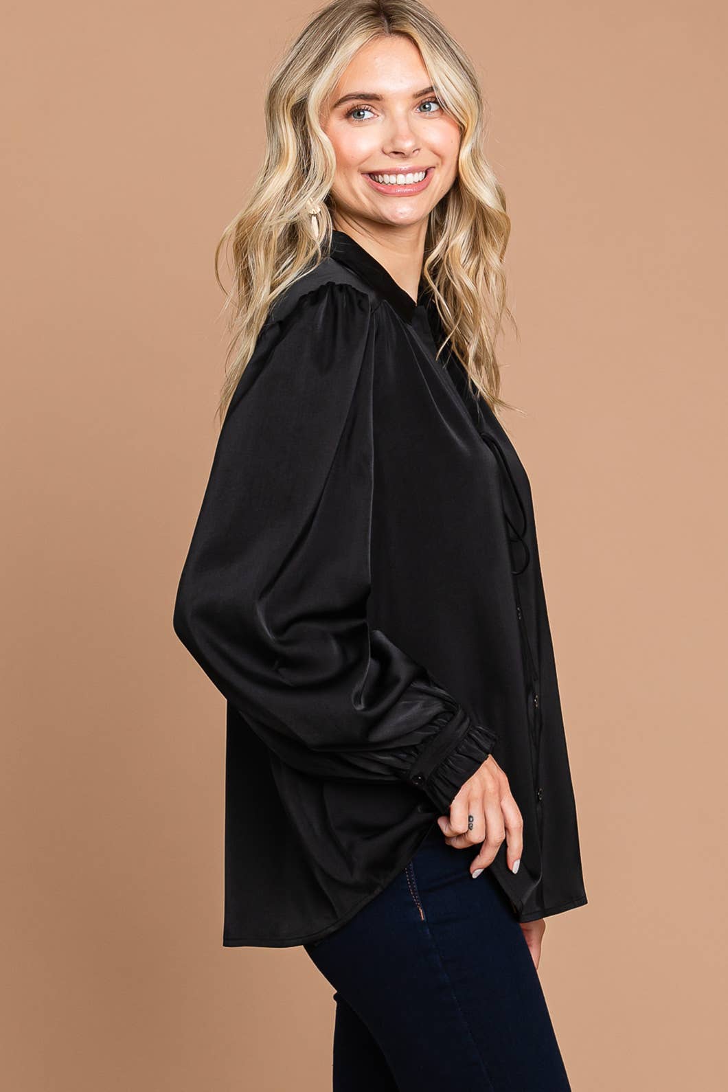 64669W-Soft Satin Button Down Front Shirts