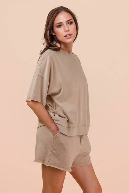 NT12429SETX-PLUS SIZE Mineral Washed Knit Casual Top & Shorts