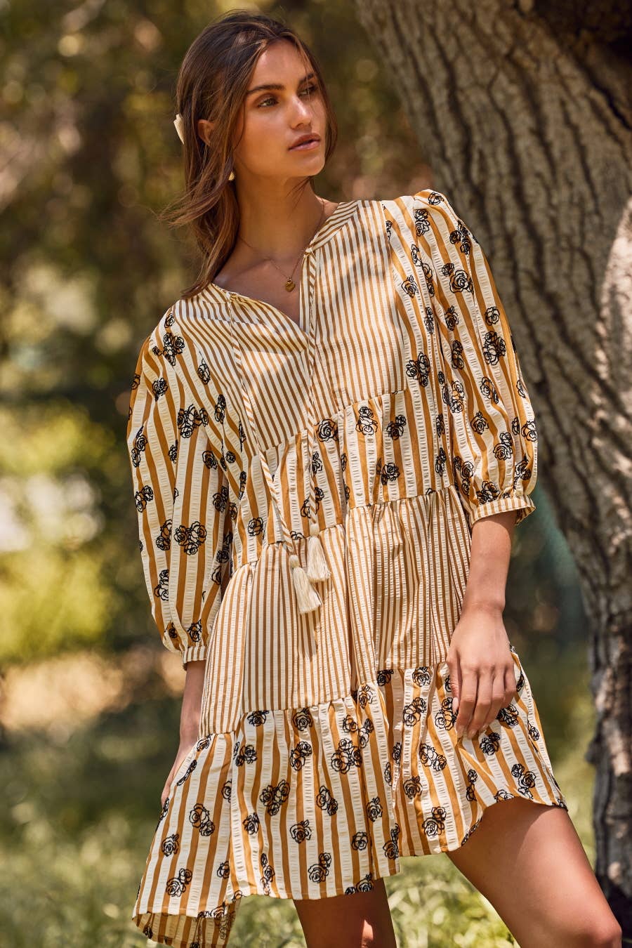 Plus Flocked Floral Striped Baby Doll Dress: Taupe Combo