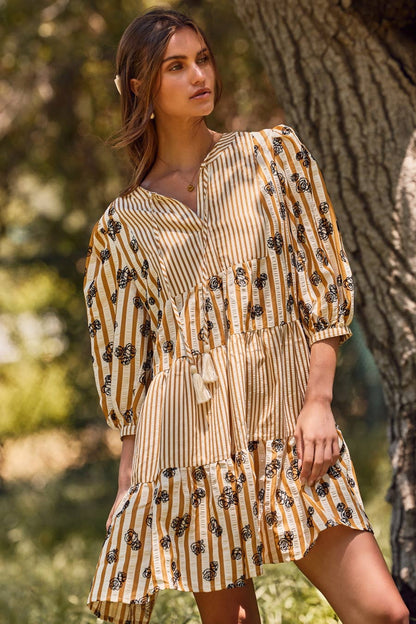 Plus Flocked Floral Striped Baby Doll Dress: Taupe Combo