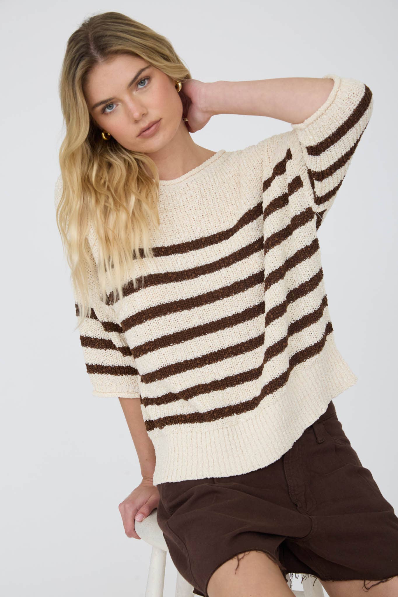 STRIPE TEXTURED KNIT HALF SLEEVE KNIT SWEATER