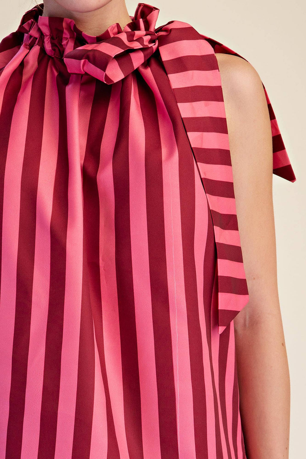 Ruffle Neck Tie Sleeveless Stripe Top