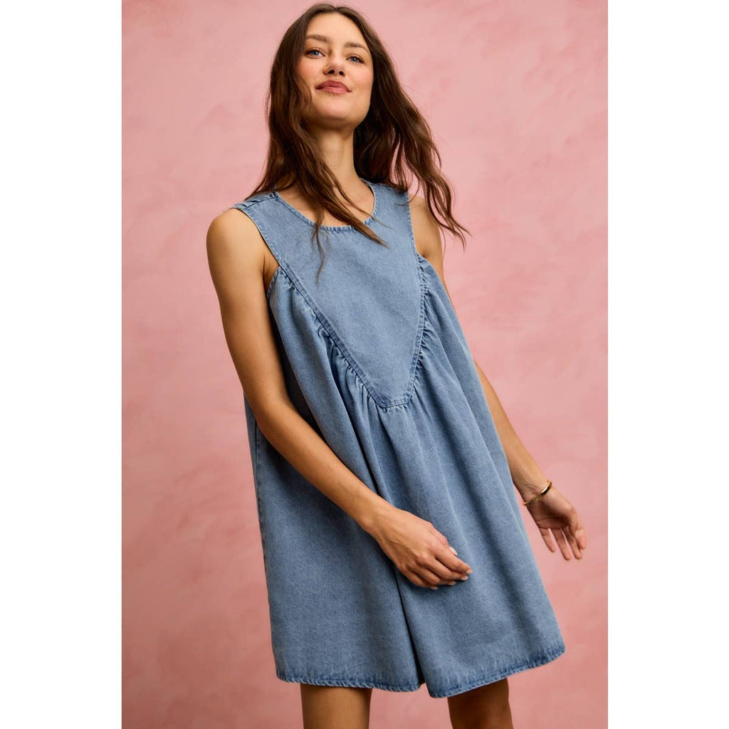DENIM RUCHED SLEEVELESS DRESS