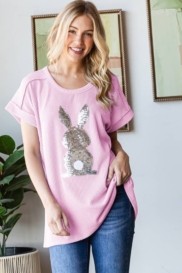 ET7822-10 SHORT SLEEVE SOLID URBAN RIBB TOP WITH RABBIT