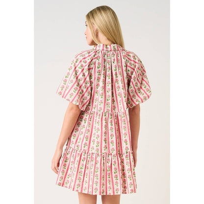 FLORAL STRIPE PRINT TIERED MINI SHIRT DRESS
