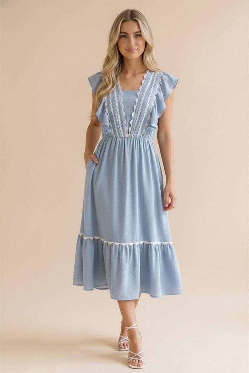 Ric Rac Ruffle Short Sleeve Midi Woven Dress