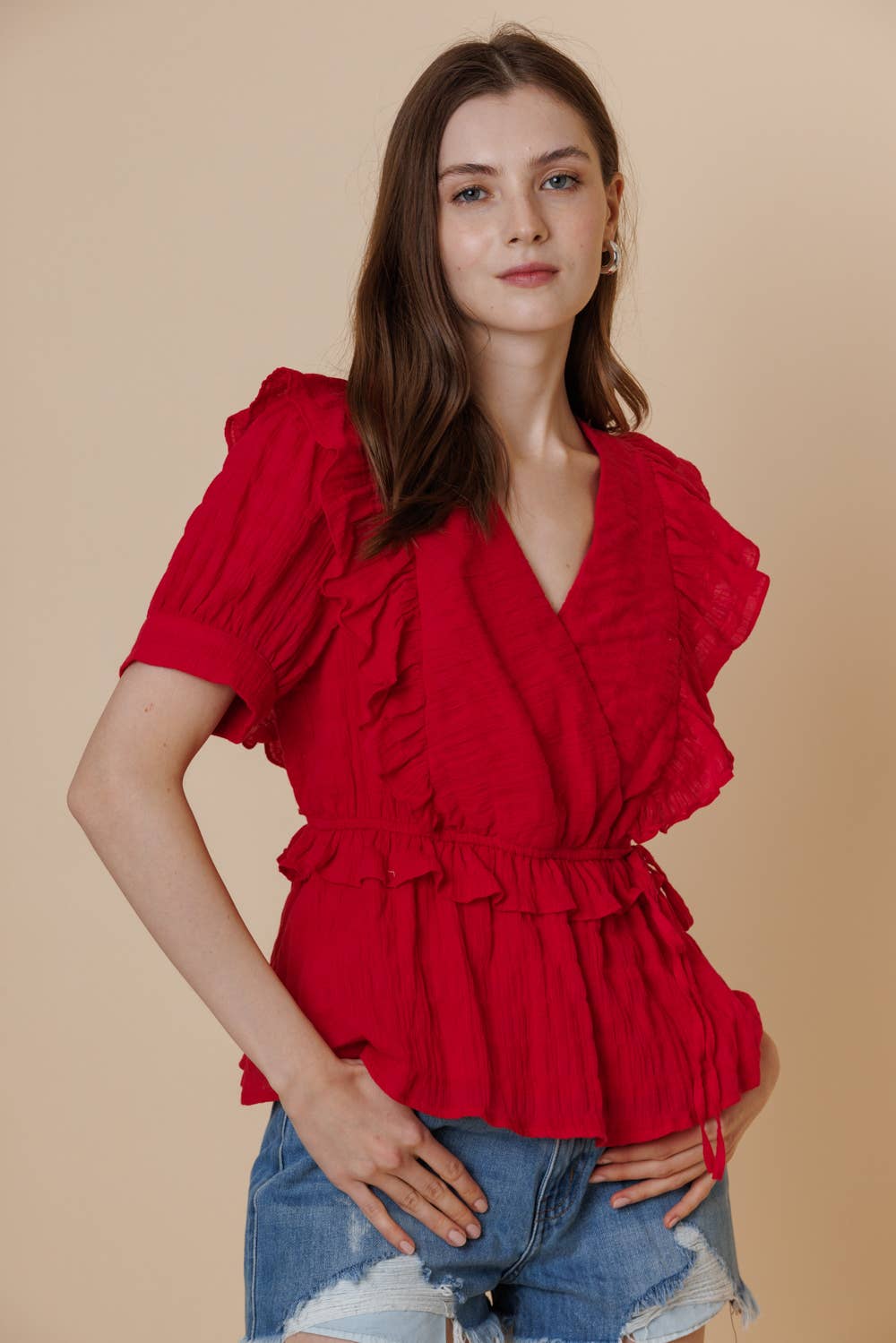 Textured Cotton Surpliced Puff Short Sleeve Ruffle Top