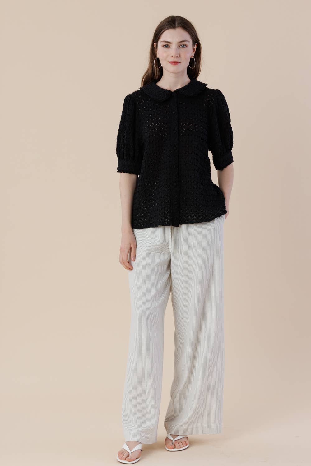 Peter Pan Collar Puff Sleeves Button-up Lace Blouse