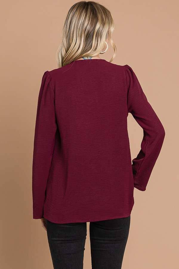 CWT1862L - RUCHING YOKE DETAIL BELL SLEEVE TOP