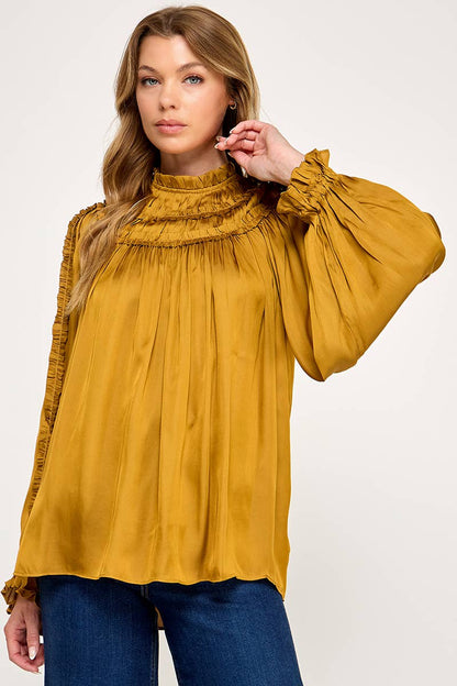 IT3477 - RUFFLED LONG SLEEVES SATIN TOP