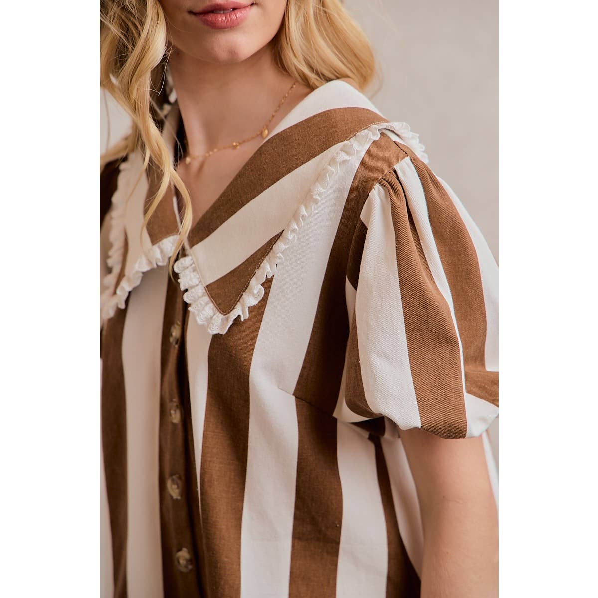 TWILL STRIPE PETER PAN COLLAR SHORT SLEEVE MINI DRESS