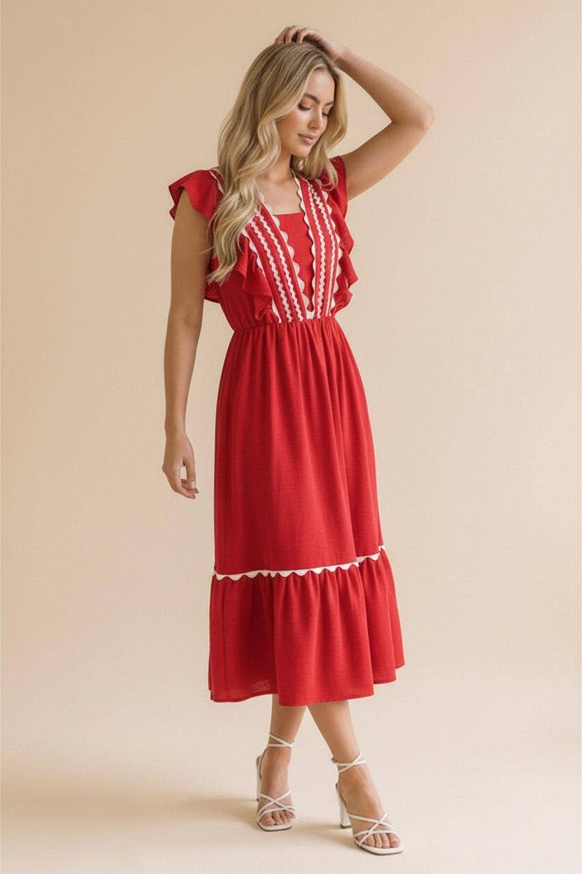 Plus Ric Rac Ruffle Short Sleeve Midi Woven Dress