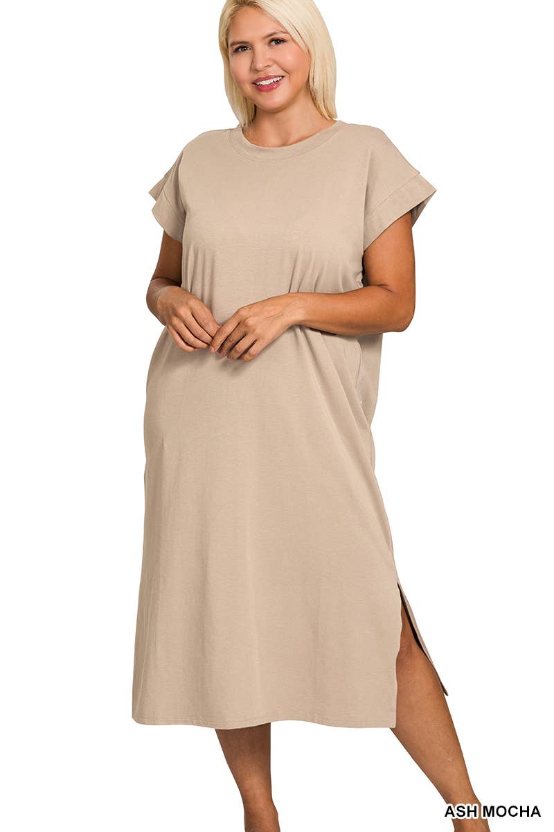 0624 Plus Round Neck Short Sleeve Midi Dress w/ Side Slit SI-2728