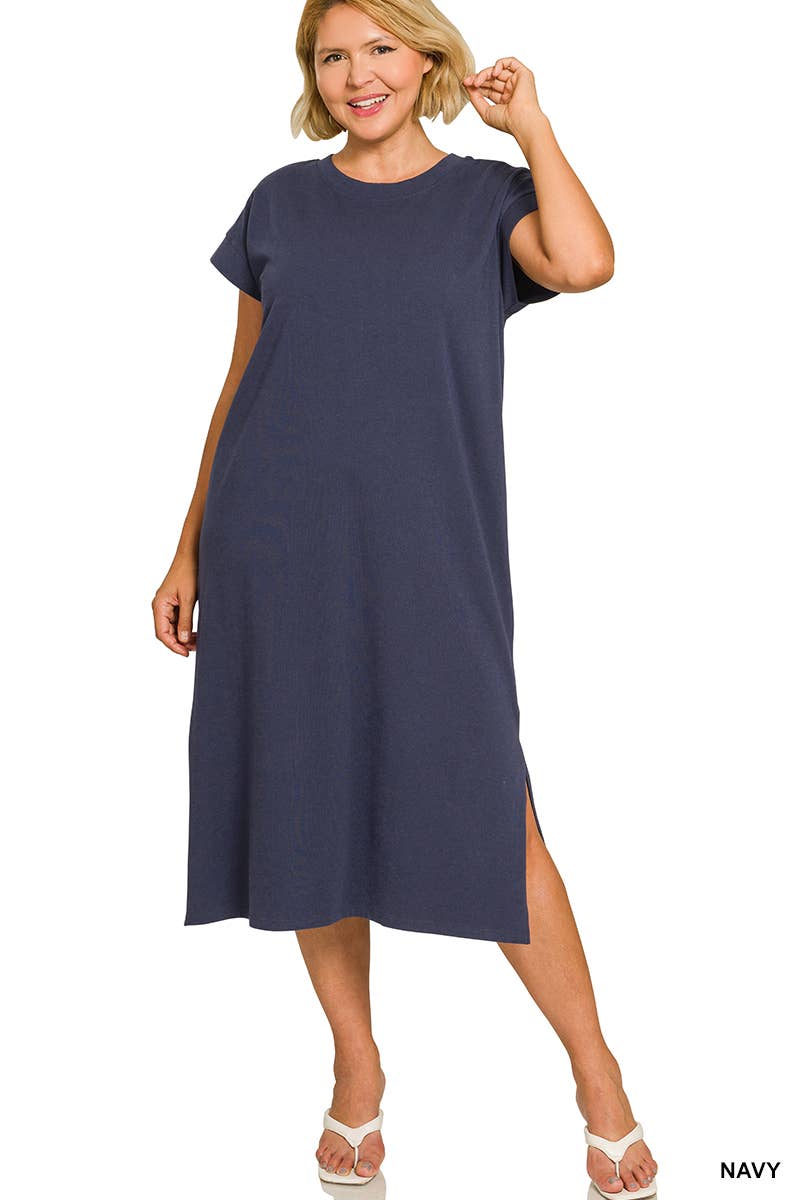 0624 Plus Round Neck Short Sleeve Midi Dress w/ Side Slit SI-2728