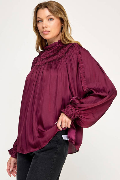 IT3477 - RUFFLED LONG SLEEVES SATIN TOP
