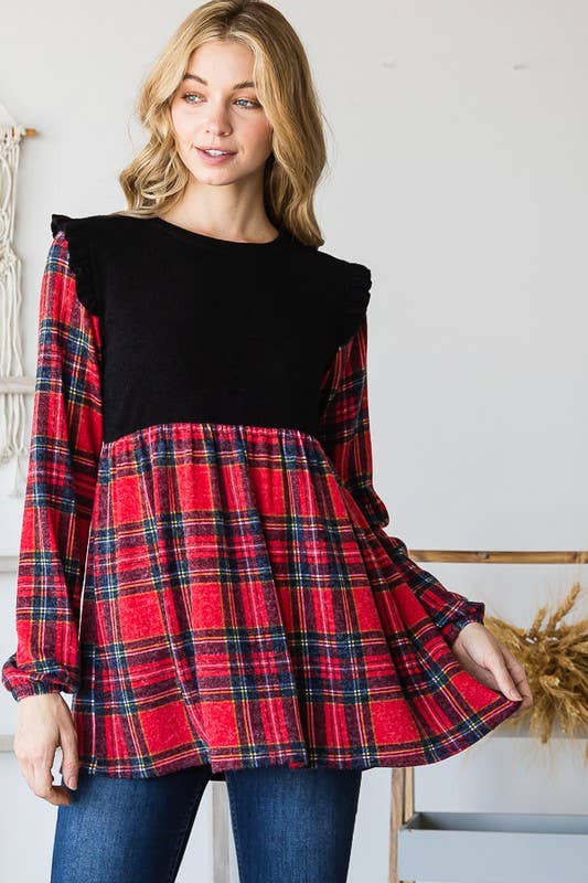 ET6757-13 SOLID AND MULTI COLOR PLAID BABYDOLL TOP
