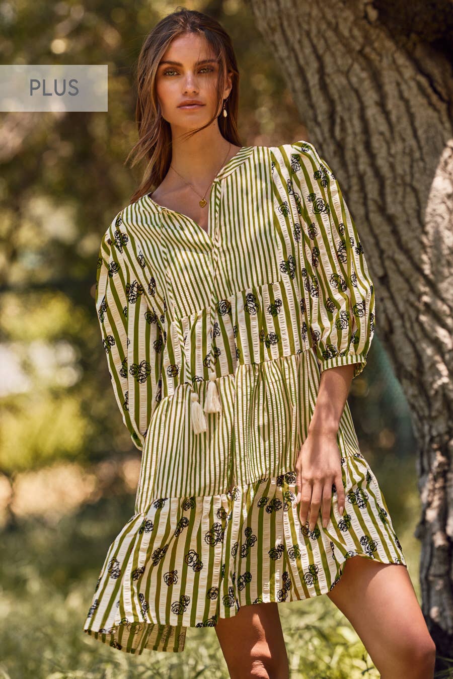 Plus Flocked Floral Striped Baby Doll Dress: Taupe Combo
